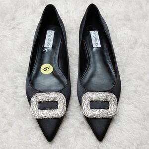 Steve Madden Tink Pointy Toe Black Satin Ballet Flats with Rhinestone Accents